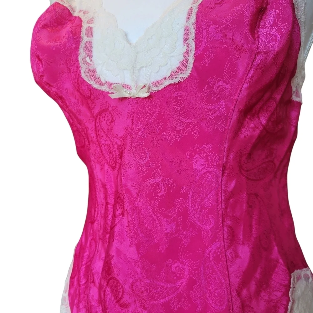 Vintage Delicates Satin Pink Paisley Lace Trim Bodysuit